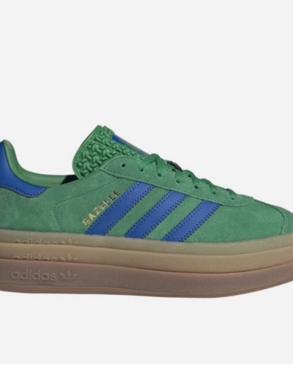 adidas Women’s Gazelle Green Suede Sneakers with Blue Stripes and Gum Platform